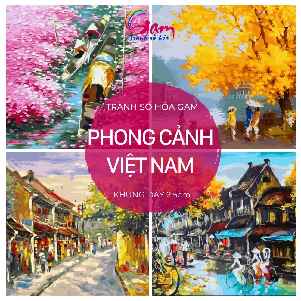 Tranh sơn dầu số hoá tự tô phong cảnh làng quê phố cổ Việt Nam