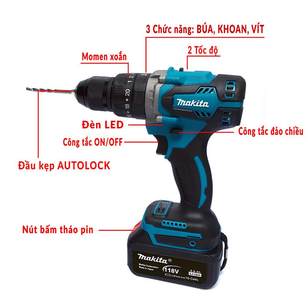 Máy Khoan Pin Makita 118V 2 Pin 10 CELL - Không Chổi Than - 3 Chức Năng Lõi Đồng - Hàng Loại I