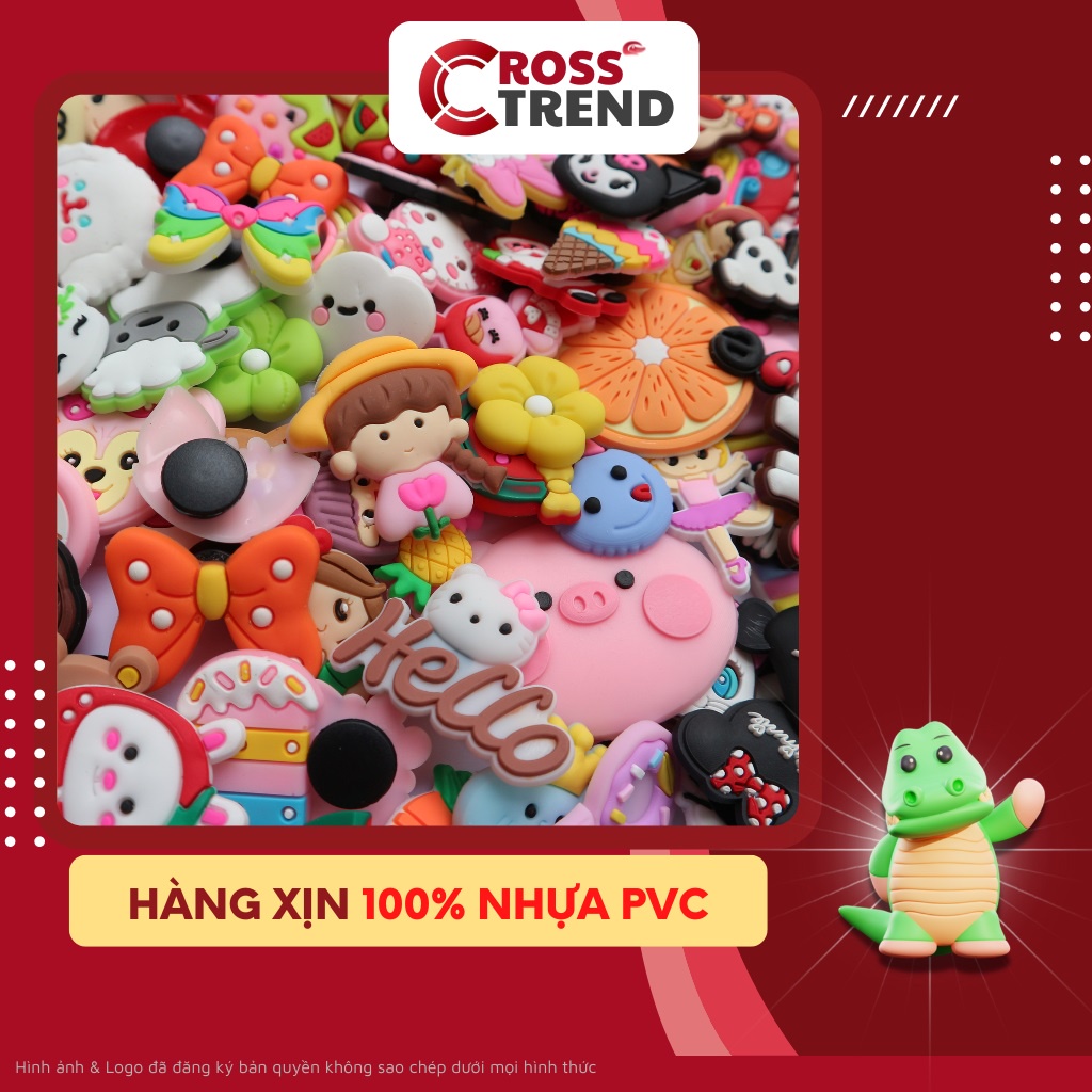 Combo 10 sticker dép crocs, Charm 2D jibiitz dễ thương loại dày 100% nhưa PVC cao cấp CROSS TREND