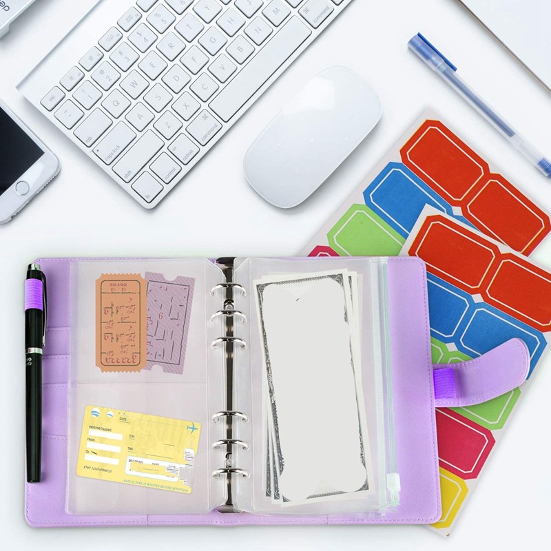 Pu Túi Da Pu 6 Lỗ + 12 A6 Có Khóa Kéo + 2 Túi Giấy Dán Dùng Để Đựng Sổ Tay Tiện Dụng