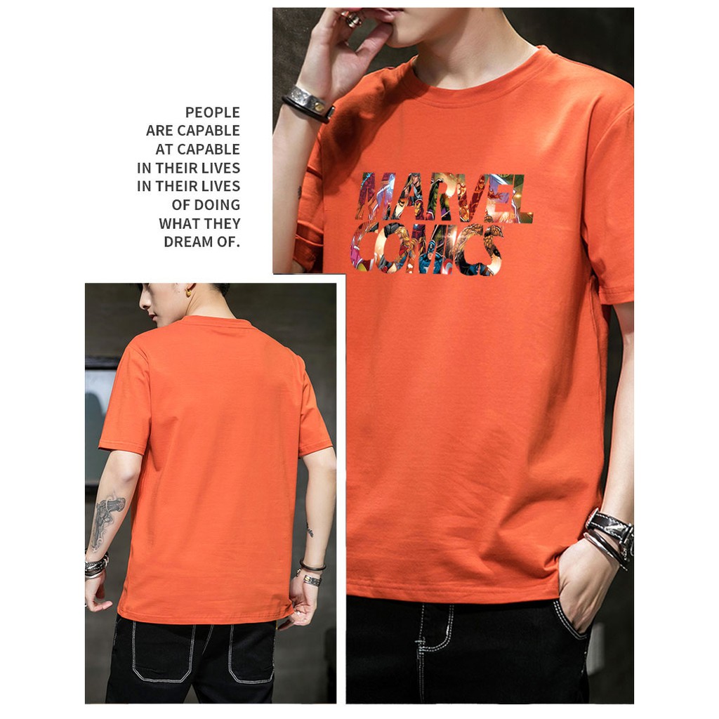 Áo phông màu cam unisex nam nữ MavelComics oversize áo thun ngắn tay cổ tròn basic tee 360