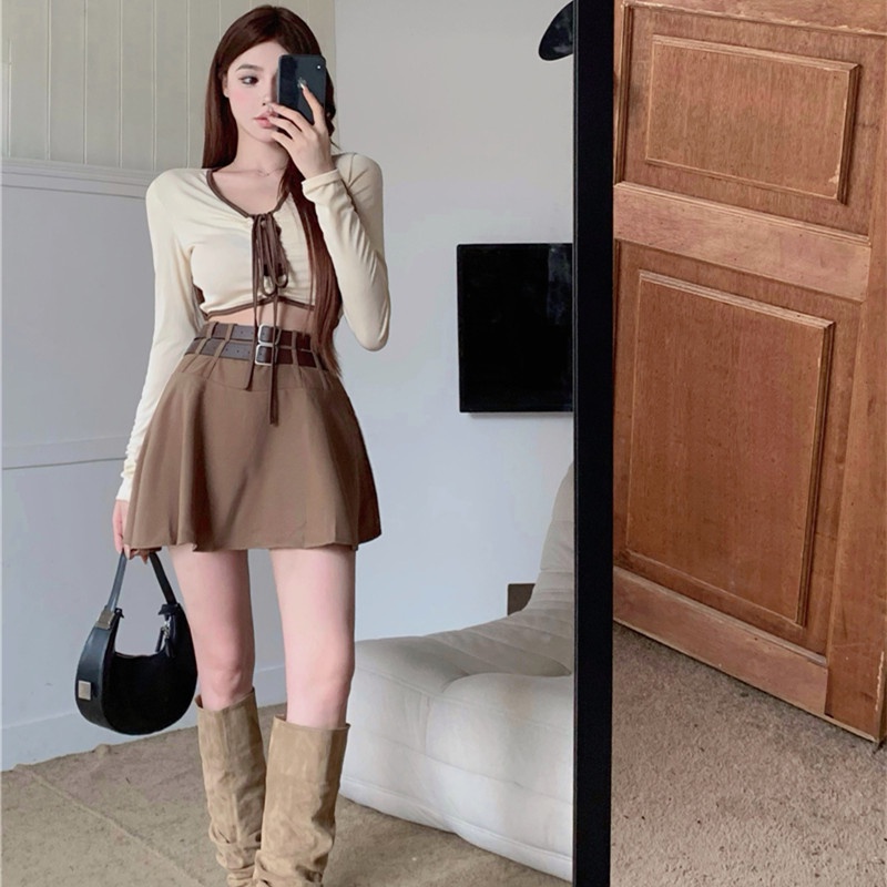 Bộ Áo Thun Tay Dài Dáng Ôm + Chân Váy Chữ A Eo Cao Quyến Rũ Trẻ Trung Cho Bạn