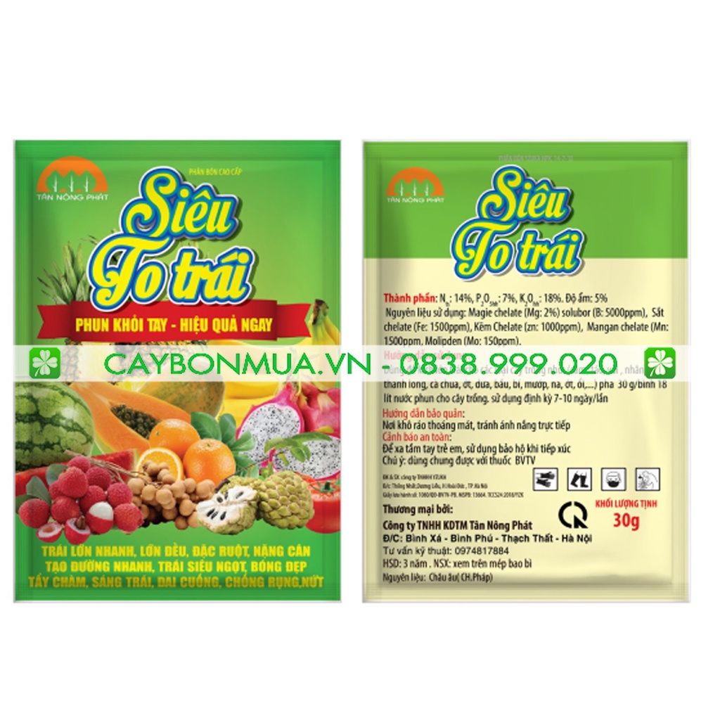 PHÂN BÓN CAO CẤP SIÊU TO TRÁI- phun khỏi tay- hiệu quả ngay- khối lượng 30g