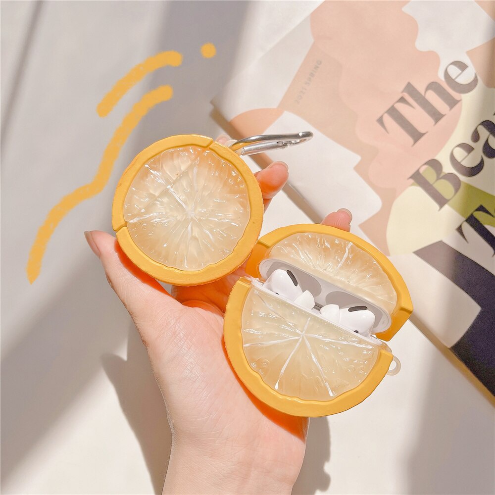 Vỏ bảo vệ hộp sạc tai nghe bằng silicon hình trái chanh 3D xinh xắn thích hợp cho Airpods 3 2 1 Pro