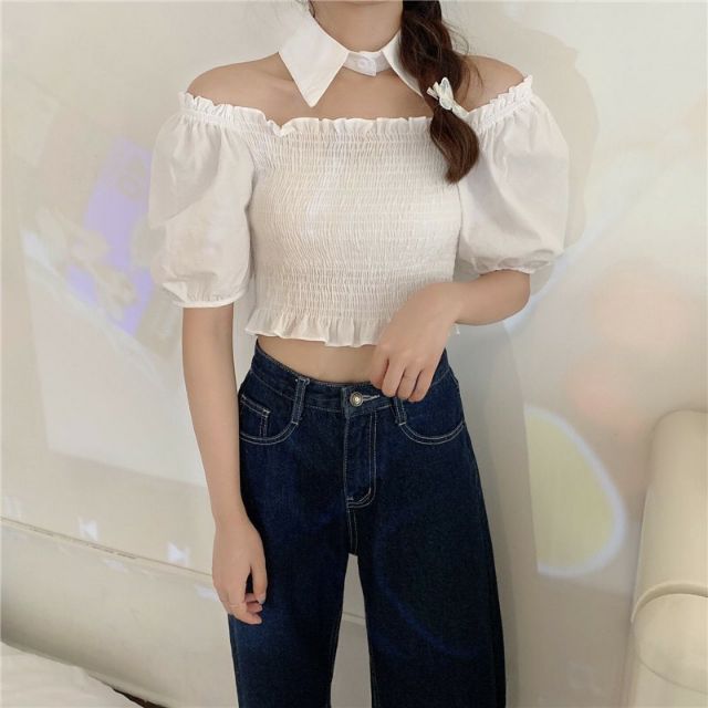 Áo bẹt vai nhún kèm choker sơ mi