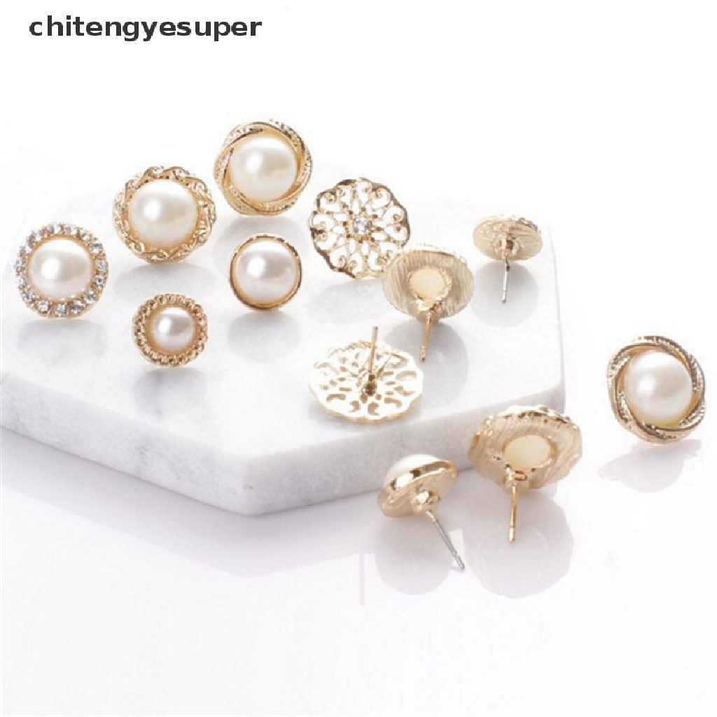 Chitengyesuper 6 Pairs Elegant Crystal Rhinestone Diamond Pearl Sign Ears Tiny Studs Earrings CGS