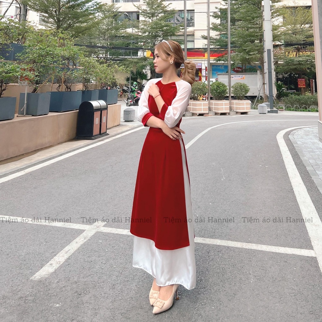 Áo dài cách tân nhung đỏ nữ phối tay voan trắng, chất liệu nhung co dãn, thoải mái,mềm mịn,áo dài may sẵn