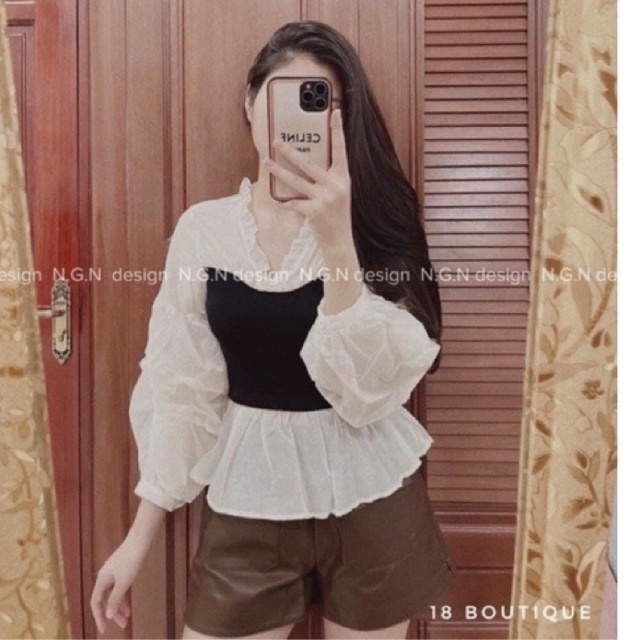 Áo babydol zip pha tơ bèo tay bồng cổ v siêu xinh l1 lina ptp