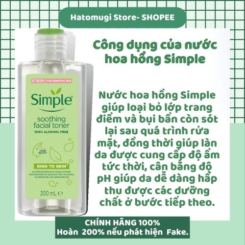 Nước hoa hồng simple [Dùng Là Mê-Hàng Auth] Nước hoa hồng Simple Kind to Skin Soothing Facial Toner (mẫu mới)