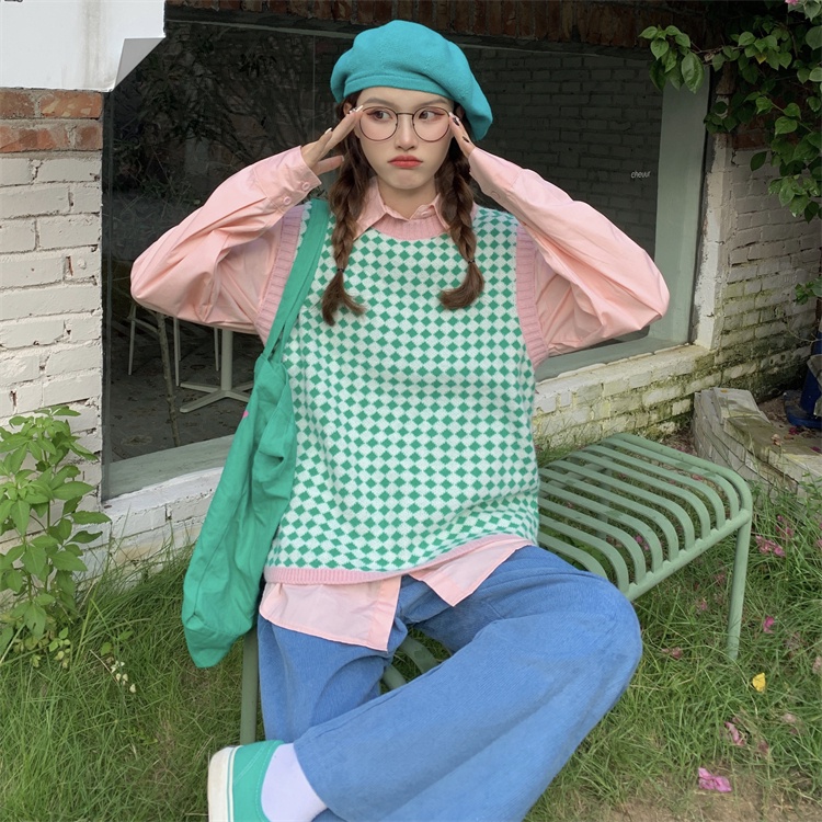 Áo len không tay họa tiết sọc caro phong cách Hàn quốc