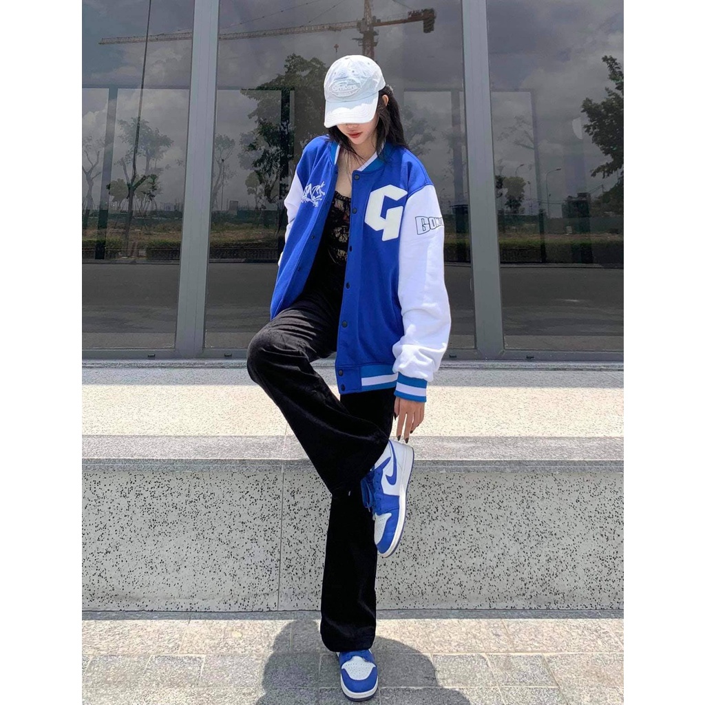 Áo Khoác Varsity nam nữ màu XANH, Gonz Bóng chày .Unisex Form rộng nhung tăm 2 lớp Hình thêu 100%