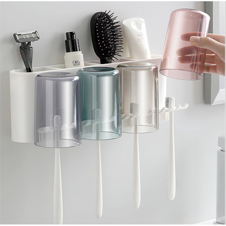 Bộ Nhả Kem Đánh Răng Ecoco, Kệ Để Đồ Phòng Tắm Cài 4 Cốc Thông Minh Chất Liệu ABS Cao Cấp Oenon