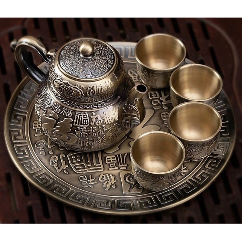 BỘ ẤM CHÉN PHA TRÀ HOẠ TIẾT RỒNG BẰNG ĐỒNG GIẢ CỔ