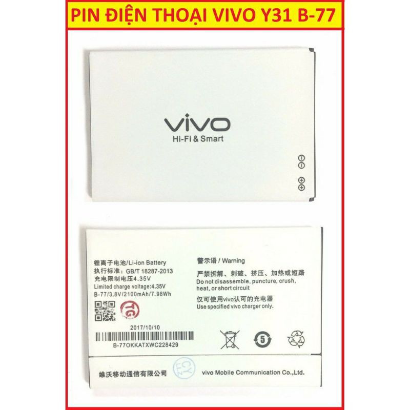 Pin Vivo Y31 Y32 Y28 B-77 bảo hành 6 tháng đổi mới.
