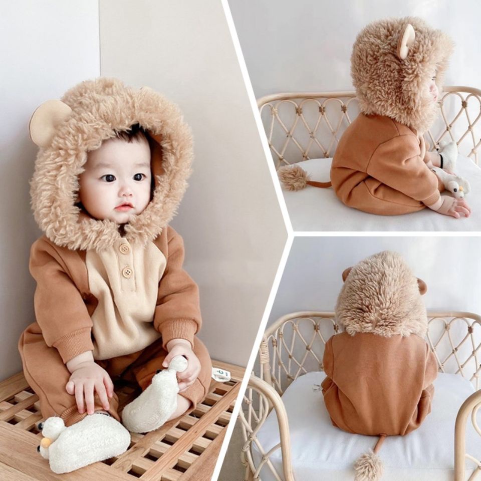 Bộ Áo Liền Quần Thu Đông Dày Dặn In Hình Sư Tử Nhỏ Dễ Thương Cho Bé Sơ Sinh