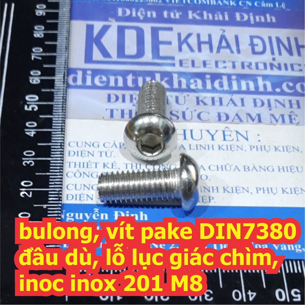 10 cái Bulong bu lông vít pake DIN7380 đầu dù, lỗ lục giác chìm, inoc inox 201 M8 M8+20mm kde7593