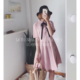 Đầm sơ mi xếp li hồng
