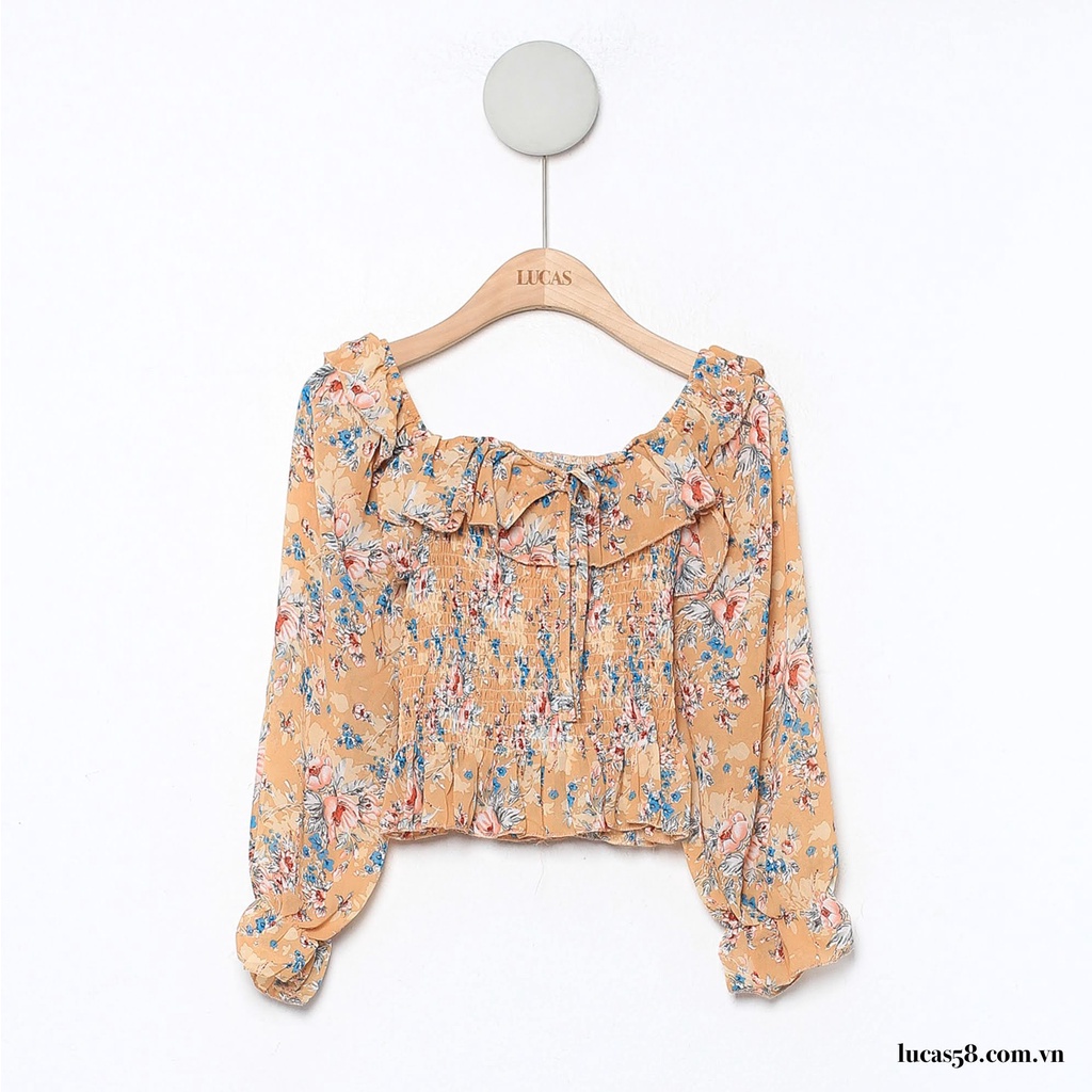 Áo sơ mi cam hoa nhí cổ vuông tay dài thân chun croptop