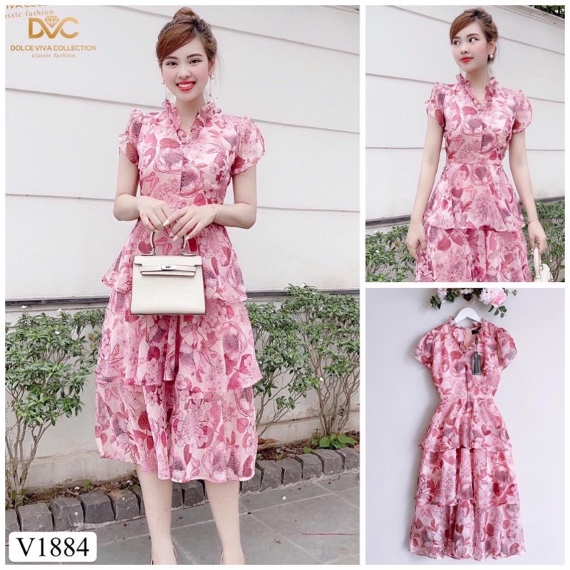 đầm hoa hồng xếp tầng xinh V1884 - Đẹp Shop DVC