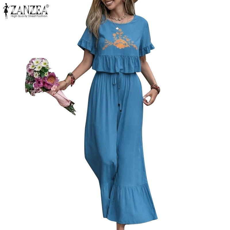 Set Zanzea gồm áo ngắn tay cổ tròn thêu họa tiết + quần ống rộng thời trang cho nữ