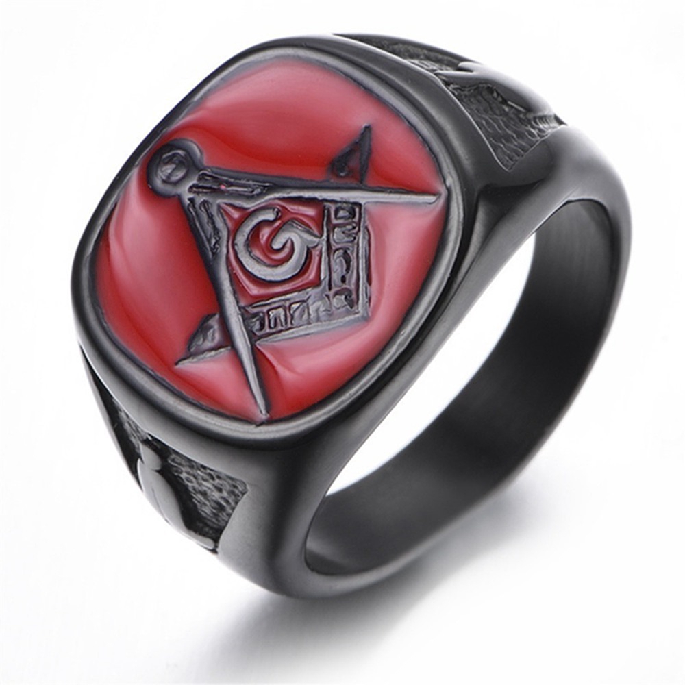 Thời trang Hợp kim Đen Đỏ Tiêu chuẩn Masonic Ring Thời trang nam Trang sức Punk