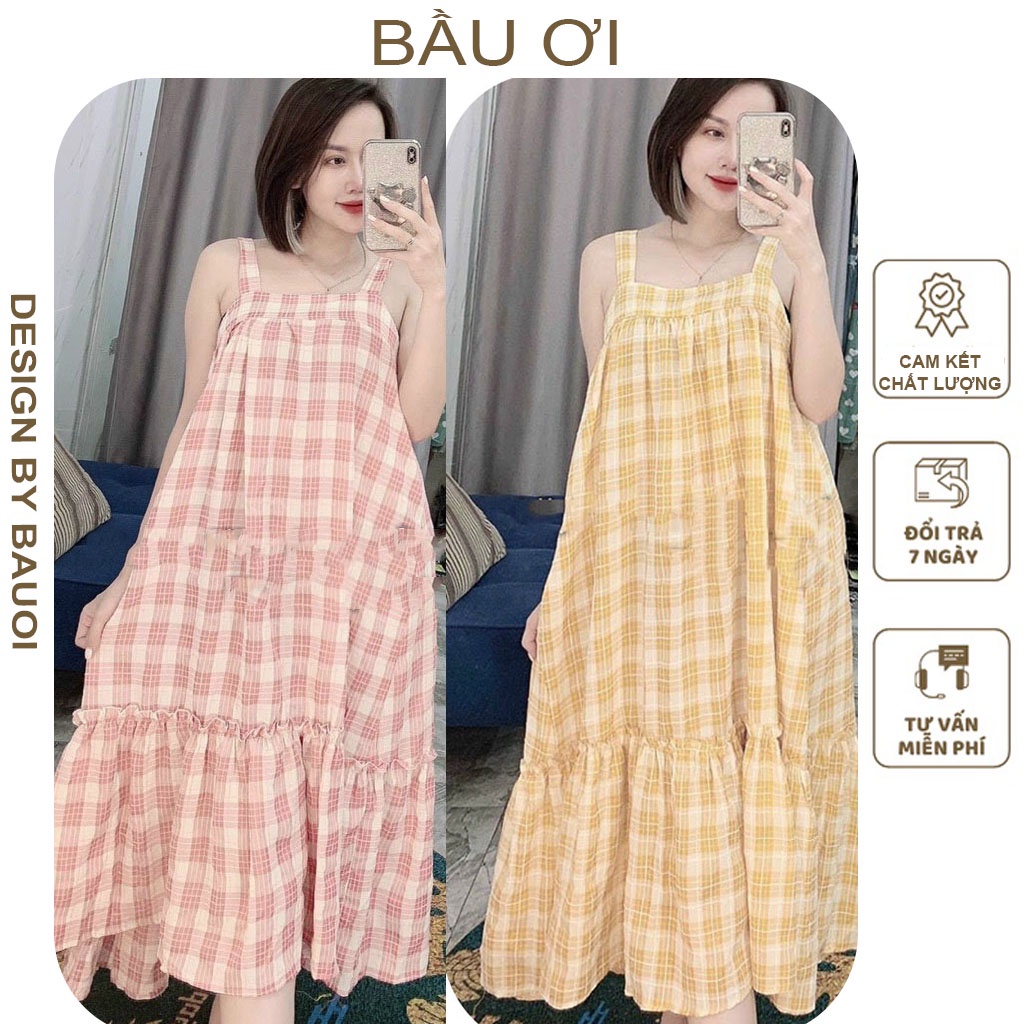 [MẪU MỚI 2022 BẦU ƠI V64] VÁY BẦU 2 DÂY KẺ CARO THIẾT KẾ ĐUÔI CÁ - ĐẦM BẦU BABY DOLL ĐI BIỂN SANG CHẢNH - VÁY MAXI