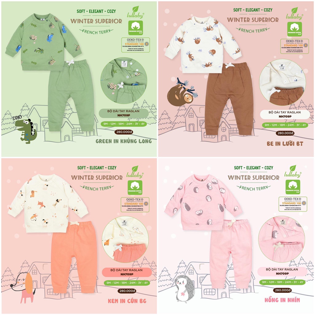 [CHÍNH HÃNG] Bộ nỉ cotton dài tay raglan in họa tiết thu đông trẻ em Lullaby