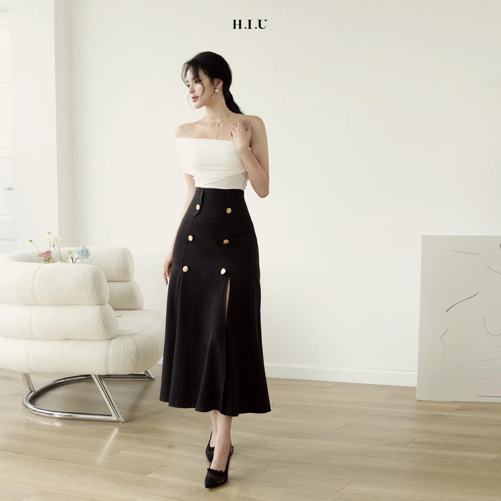Chân váy nữ midi OLES xẻ tà dáng dài H.I.U Fashion design , vải chéo ý nhẹ 2 lớp có độ dày vừa phải trendy HIU ROOM