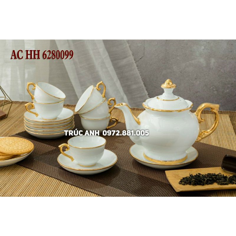 Bộ ấm chén men trắng kẻ chỉ vàn.g kim (chọn mẫu )
