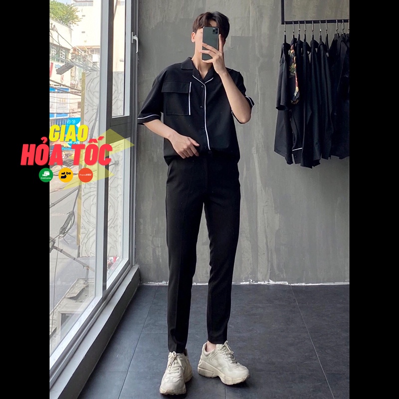Áo sơ mi nam form rộng cổ vest túi hộp viền, chất kate lụa mềm mát