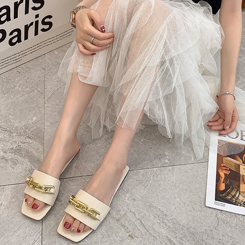 Dép nữ ZTAIXIELUA đế bệt quai phối chuỗi xích kim loại size 35-42 thời trang Hàn Quốc