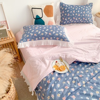 Set chăn ga gối cotton chăn hè viền bèo hoa nhí xanh