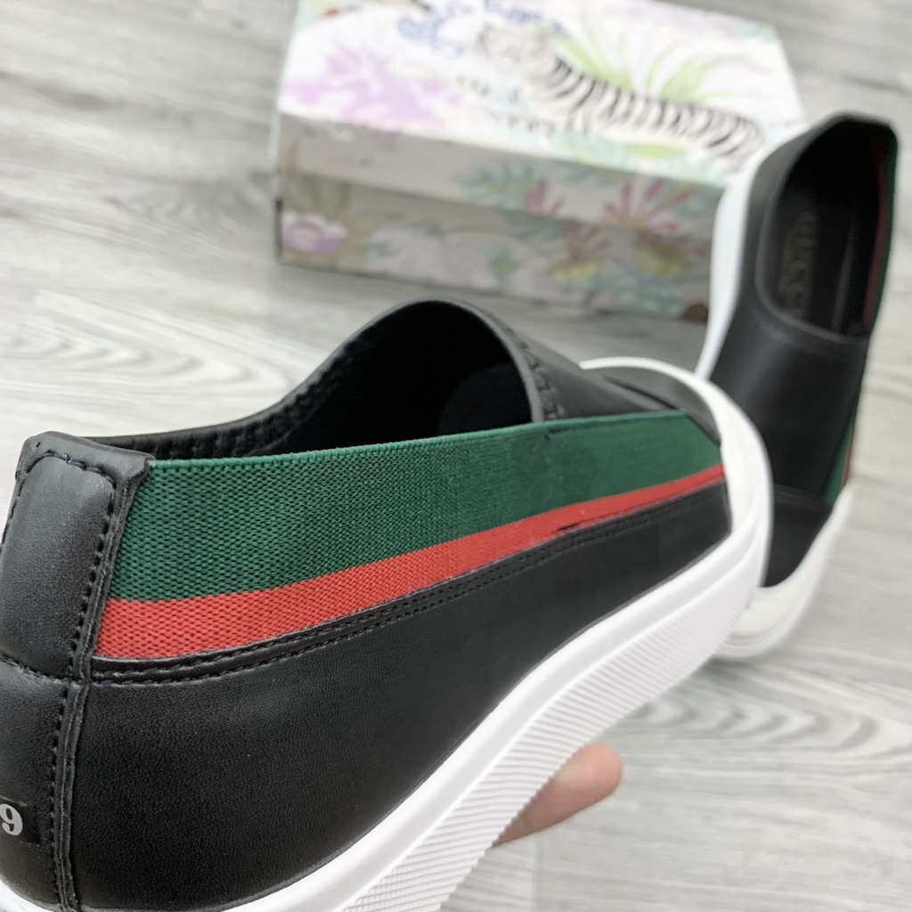 Giày Slipon Lười Nam Da Trơn Phối Vạch Chun Viền Xanh Đỏ Phối Mũi Da Trắng Đế Cao Su Siêu Sang GS31P