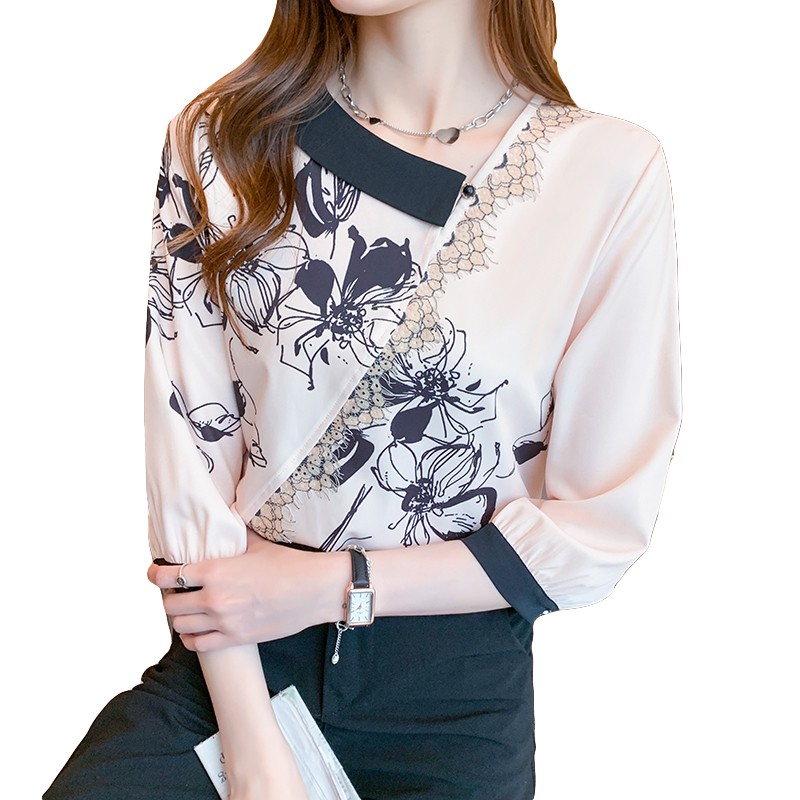 Phong cách Hàn Quốc mới thời trang cổ chữ V lỏng lẻo kết hợp tất cả các kết hợp áo ba tư tay áo voan in cho phụ nữ