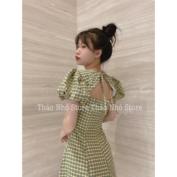 (SẴN) váy cúp ngực tay phồng caro xanh form xoè (hình thật shop Thảo Nhỏ Store chụp phía sau )