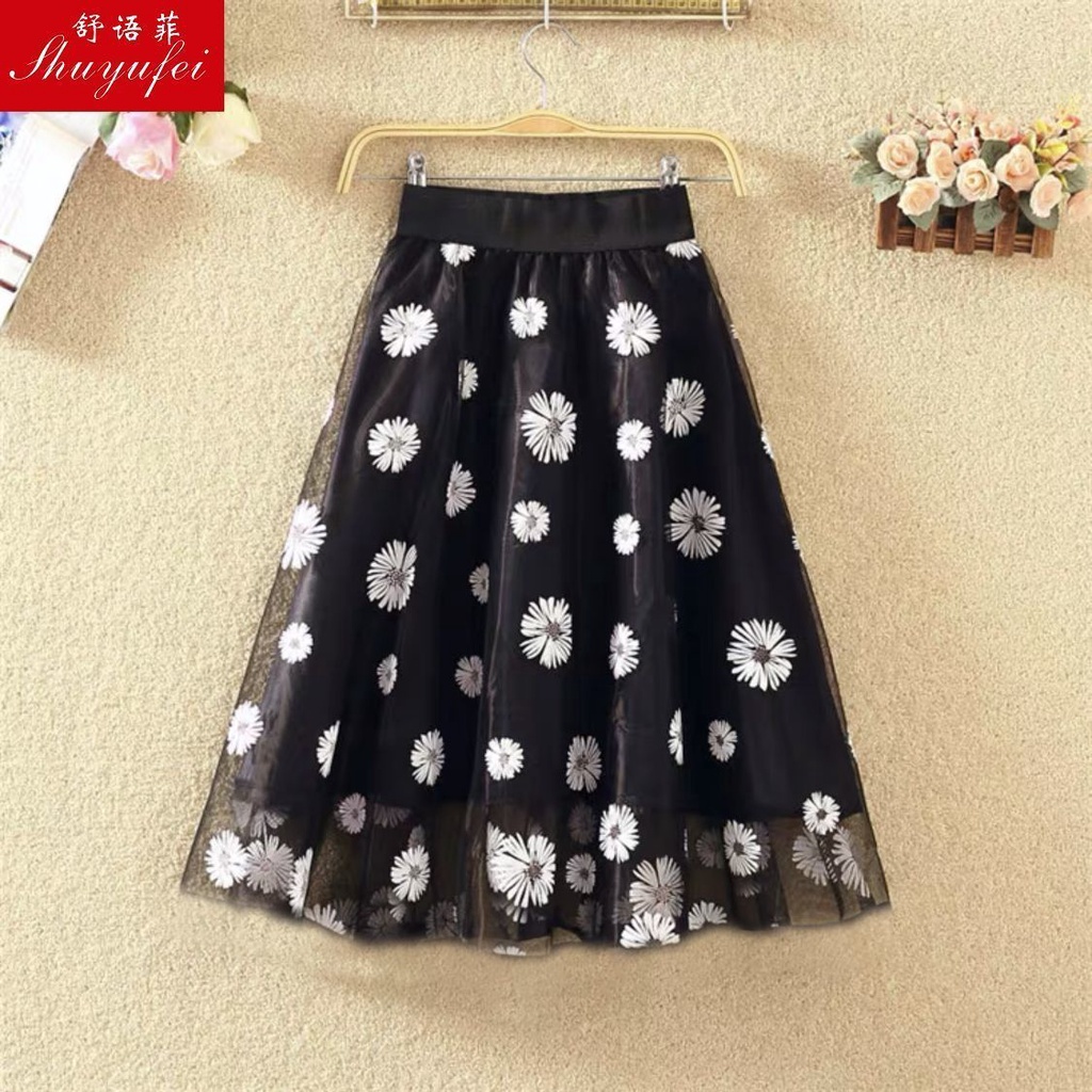 Bộ đồ mới vào mùa hè 2024  Chân Váy Lưng Cao Phối Lưới Plus Size mm180 Cho Nữ高腰半身裙宽松显瘦装大码女装mm180斤气质短裙网纱花
