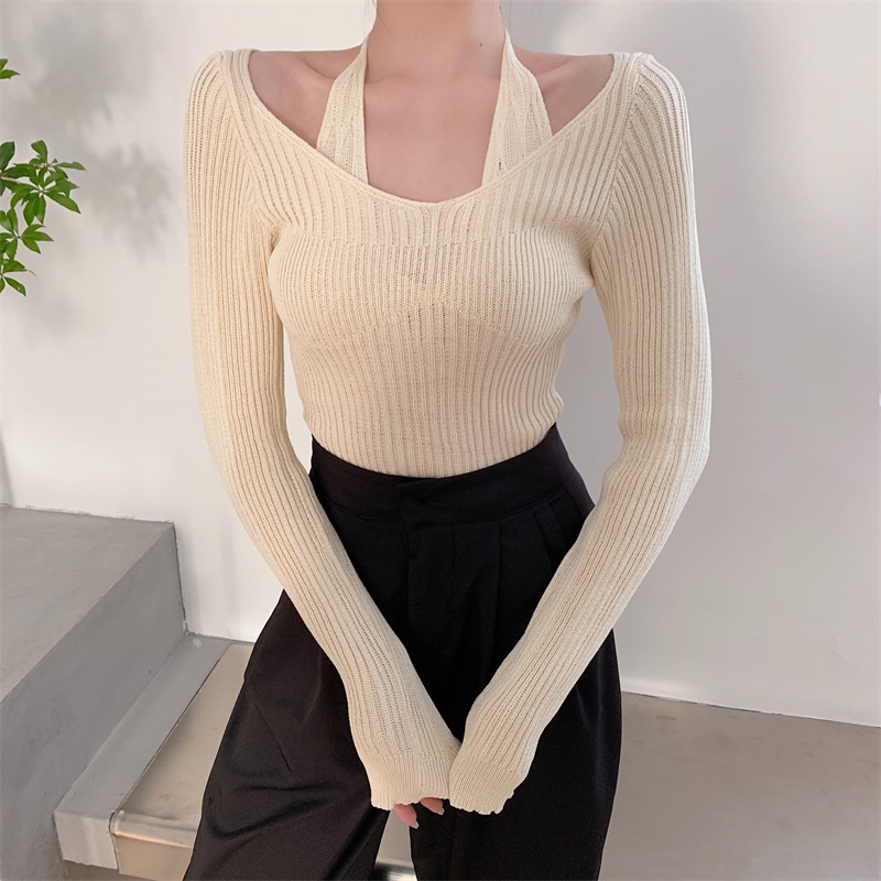 Quần Áo Nữ Thời Trang Phong Cách Hàn Quốc Dài Tay Mỏng Vừa Vặn Sexy Áo Dây Mùa Thu Áo Dệt Kim Hở Vai Bên Trong Áo Trong Áo Len