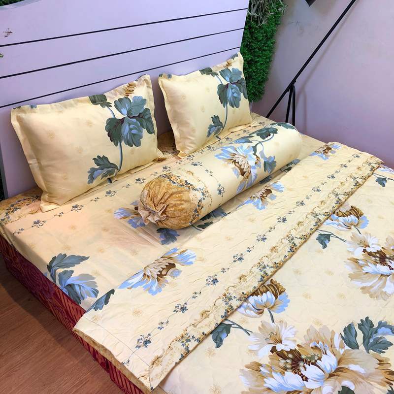 Sét Chăn Ga Gối 5 Món Cotton Poly Emmidecor Mẫu Cúc Vàng