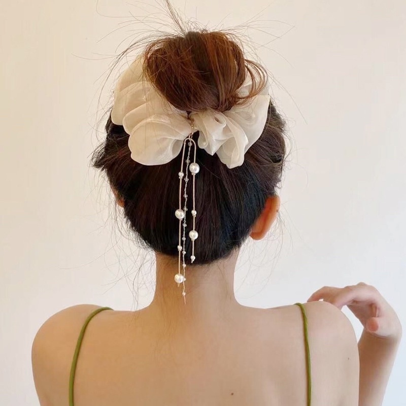 Dây buộc tóc phồng bồng bềnh tua rua đính hạt ngọc xinh xắn dễ thương ruy băng dây cột tóc bánh bèo công chúa Hàn Quốc