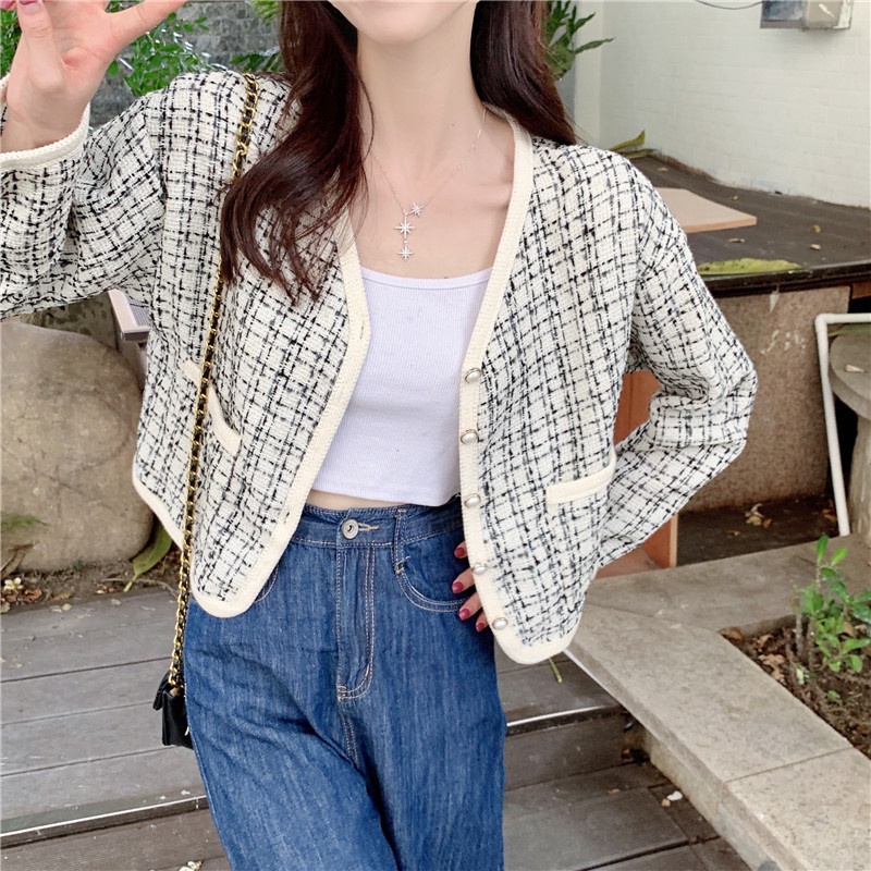 Áo khoác dạ tweed 1 lớp kẻ caro, 2 túi, viền áo nổi bật  AO042 SHOP CON ĐỎNG ĐẢNH