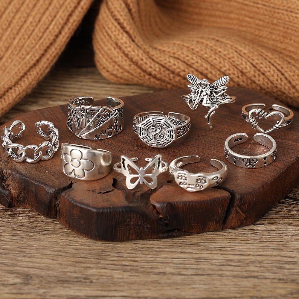 Set 8 nhẫn đeo tay kim loại phong cách retro cho nữ
