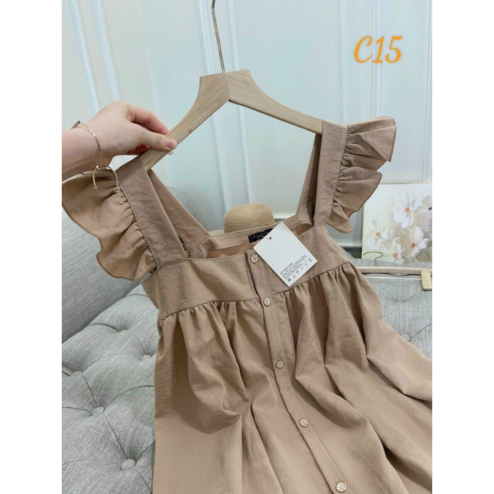 [ Miẽn phí ship 2022 ] Đầm cánh tiên nâu gài nút xinh xắn dịu dàng, váy ngắn bánh bèo đi chơi, dạo phố