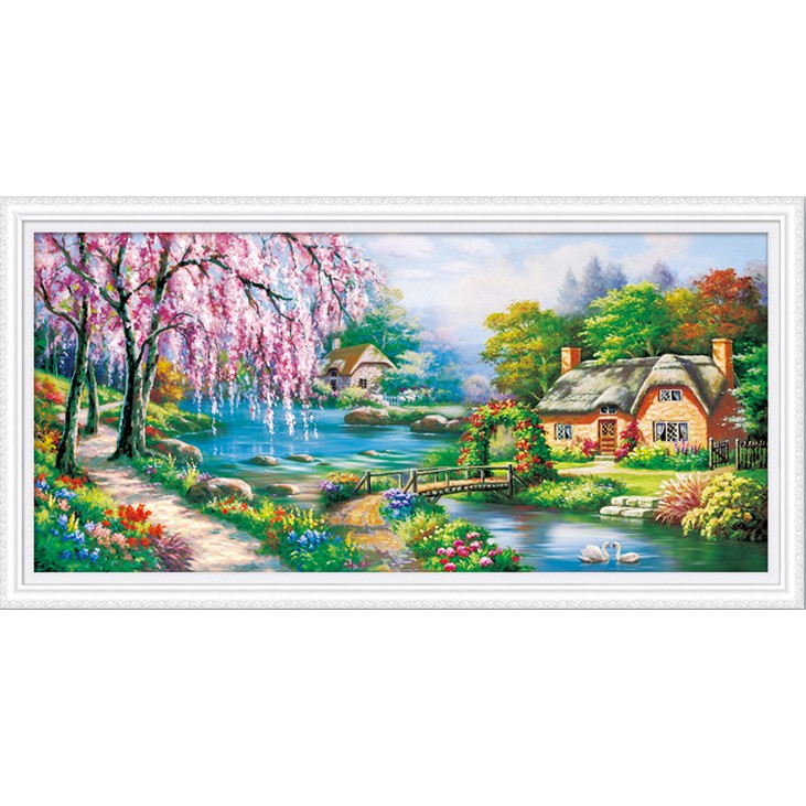 Tranh Thêu Chữ Thập PHONG CẢNH NGÔI NHÀ VEN SÔNG. Kích Thước: 1m36 x 76cm