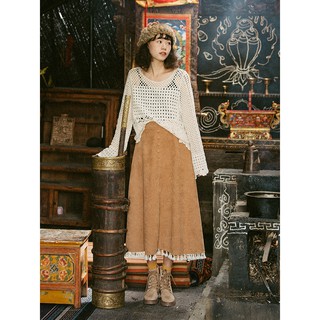 Chân váy vintage boho màu nâu tây chất nhung