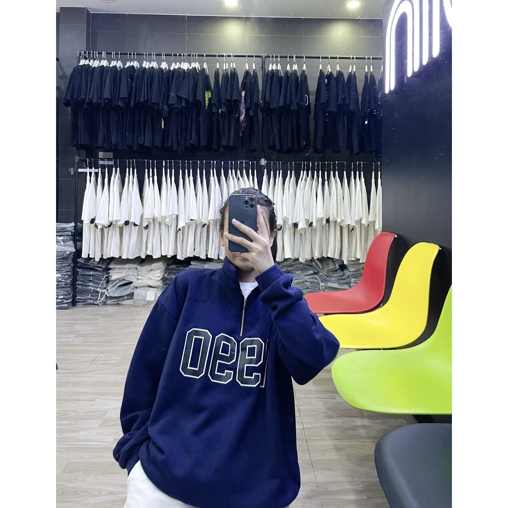 Áo Sweater 1990 Boin shop chất nỉ bông cotton dày phối cổ polo có zip from rộng unisex cho cả nam và nữ siêu đẹp