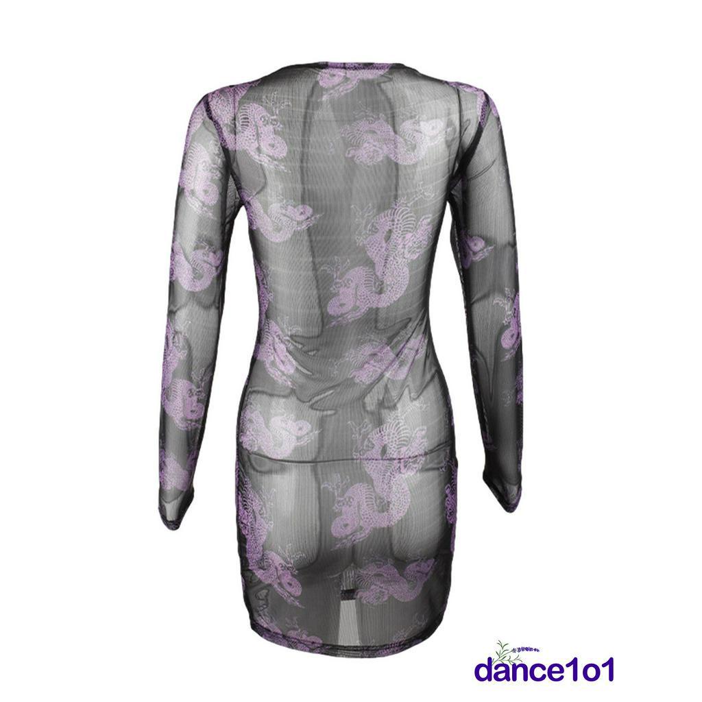 Đầm Body Tay Dài Lưng Cao Hoạ Tiết Rồng Cho Nữ