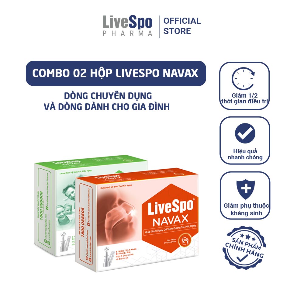Combo Hộp nước muối sinh lý bào tử lợi khuẩn LiveSpo Navax Family 5 ống x 5ml + Livespo Navax chuyên dụng 4 ống x 5ml
