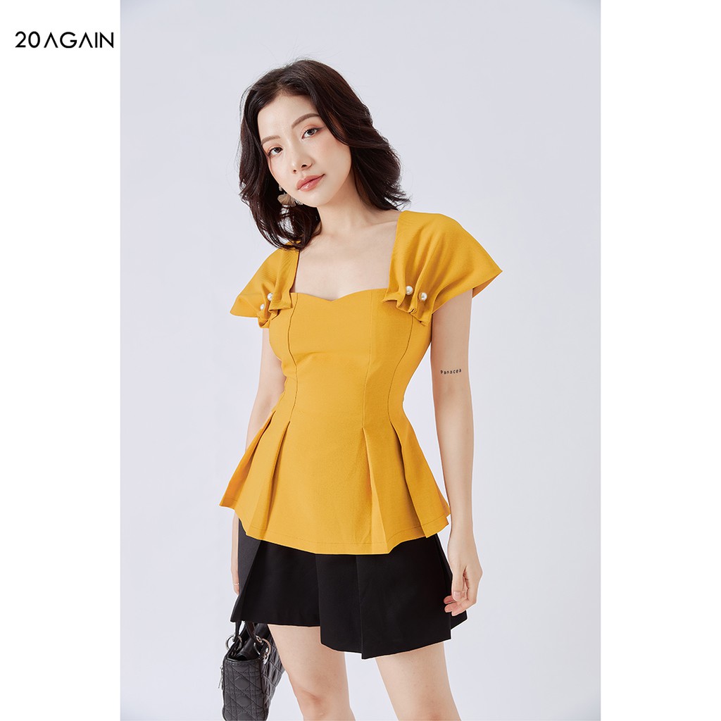 Áo peplum 20AGAIN, sơ mi thiết kế công sở thanh lịch tay nhún đính cúcASA0852