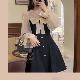 Váy / Đầm chữ A đen dáng xòe dài tay dễ thương thắt nơ cổ V dáng ngắn tay voan bèo Hàn Quốc V00097