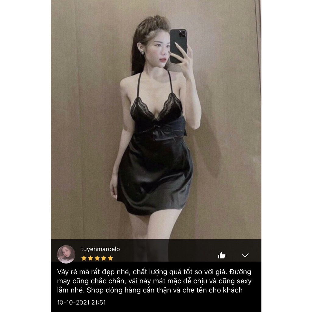 Váy Ngủ Lụa Phối Ren Mỏng Thiết Kế Dây Lưng Sexy Lacy Bra - V17